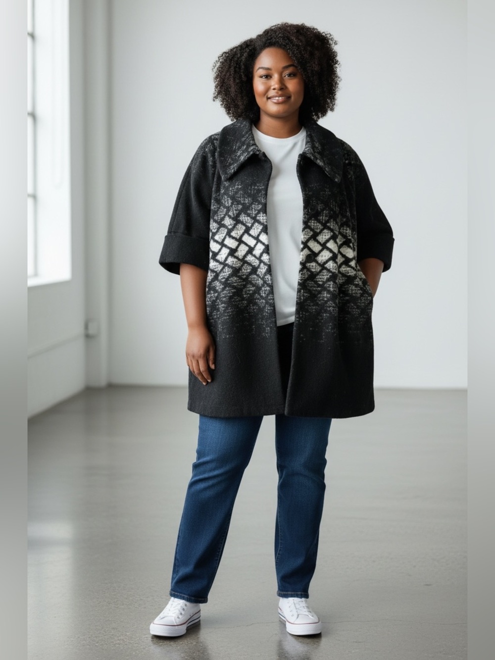 Joseph Ribkoff 3/4 sleeve Black & White Patterned poncho